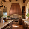 Hammered copper range hood in a Southwestern hacienda kitchen with carved wood cabinets, Talavera tile, and terracotta