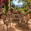 Sun and moon aluminum dining furniture sets for patios on a sunny garden terrace