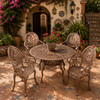 Sun and moon aluminum dining furniture sets for patios in a Spanish courtyard