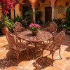 Copper owl aluminum dining furniture sets with ornate patio design in a hacienda patio