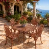Copper owl aluminum dining furniture sets with ornate patio design on a Mediterranean patio