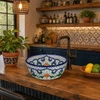 Mexican talavera floral cobalt bath bathroom sink styled in a kitchen bar with rustic wood surface