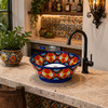 Talavera round bath cone shape vessel sink design in kitchen bar setting with decorative Mexican ceramic accent