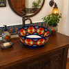 Talavera round bath cone shape vessel sink design in bathroom vanity with handcrafted ceramic detail and bold Talavera colors