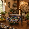 Talavera bath sink blue floral pattern design styled in a kitchen bar area with rustic wood countertop