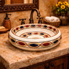 Talavera vessel bathroom sink cream loop design handmade in hacienda bathroom with rustic wood vanity