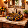 Talavera vessel bathroom sink celestial blue handmade design in hacienda bathroom with natural textures
