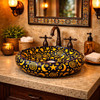Talavera vessel bathroom sink celestial blue handmade design in restaurant bathroom with warm lighting