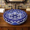 Talavera bathroom vessel sink blue white floral design in bathroom vanity with rustic wood accents