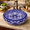 Talavera bathroom vessel sink blue white floral design in kitchen bar area with stone countertop