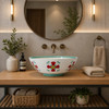 Talavera vessel sink round floral green rim bathroom displayed in a modern bathroom with clean lines and natural light