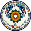 Talavera vessel sink round birds floral Mexican bathroom drain view
