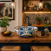 Talavera vessel sink round birds floral Mexican bathroom styled in a kitchen bar with wood countertop and artisan accents