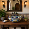 Talavera vessel sink round birds floral Mexican bathroom in a Spanish Revival bathroom vanity with rustic finishes