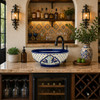 Talavera vessel sink round blue lattice floral design in kitchen bar setup with stone countertop and accents