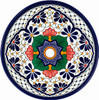 Talavera vessel sink round blue lattice floral design drain view
