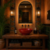 Talavera vessel sink round solid terracotta red modern design installed in a restaurant restroom with artisan style elements