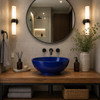 Talavera vessel sink round cobalt minimalist design in a modern bathroom with neutral tones and sleek fixtures