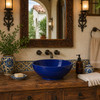 Talavera vessel sink round cobalt minimalist design in a clean bathroom vanity with wood countertop and natural light