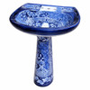 Blue and white talavera pedestal bathroom sink side view