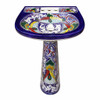 Cobalt blue Talavera bathroom pedestal sink with floral scroll pattern