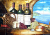 Hand-painted ceramic mural depicting a sophisticated still life of bread, wine, cheese, and grapes