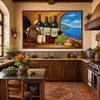 Talavera tile mural for backsplash behind stove in a Mexican kitchen with colorful pottery accents.