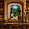 Mexican tile mural wine vineyard in a home bar with wood cabinets, wine storage, and rustic decor.