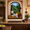 Mexican tile mural wine vineyard in a hacienda kitchen with terracotta floors and artisan pottery.