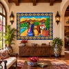 Mexican tile mural romantic couple displayed in a Spanish Revival interior with warm decor