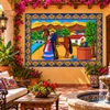Mexican tile mural romantic couple displayed on a colorful hacienda patio with rustic decor