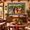 Mexican tile mural romantic couple displayed in a ranch house with rustic countryside decor