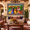 Mexican tile mural romantic couple displayed in a hacienda living room with artisan decor