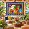Mexican tile mural parrot fruits in a tropical sunroom with natural light and lush greenery.