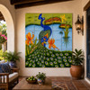 Talavera tile mural peacock garden on a covered porch with rustic seating and leafy plants.