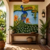 Talavera tile mural peacock garden in a tropical entryway with clay pots and lush greenery.