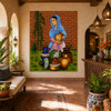 Mexican tile mural woman with pots in a boutique hotel lounge with elegant Mexican accents.
