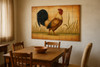 Rustic rooster talavera tile mural showcased in a dining room with rustic decor and natural lighting