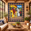 Talavera tile mural colonial street houses in a rustic sunroom with natural light and plants.