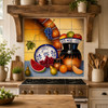 Talavera tile mural with fruit for rustic kitchen in a farmhouse kitchen with terracotta tile.