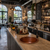 Round hammered copper cooler sink in upscale restaurant wet bar with large windows and warm urban interior