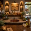 Hammered copper bar sink with rounded square basin design in a rustic tequila bar with warm hacienda lighting