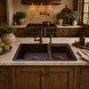 Dobule copper kitchen sink with large and small bowls in a cozy country-style kitchen