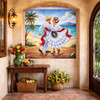 Mexican dancing couple beach talavera tile mural art displayed in house entryway adding color and artistic focal point