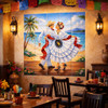 Mexican dancing couple beach talavera tile mural art featured on a restaurant wall creating vibrant cultural dining atmosphere