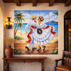 Mexican dancing couple beach talavera tile mural art styled in Spanish Revival space with warm textures and rustic charm