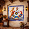 Mexican folklorico dancing couple talavera tile mural art styled in Spanish Revival space with rustic textures and charm