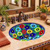 Talavera bathroom sink cobalt pansy in a Southwestern tile vanity with terracotta and wood accents
