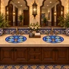 Oval talavera bathroom sink blue floral lattice design in an upscale restaurant restroom