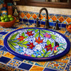 Oval talavera hummingbird floral mexican bathroom sink installed as prep sink in colorful Mexican style kitchen